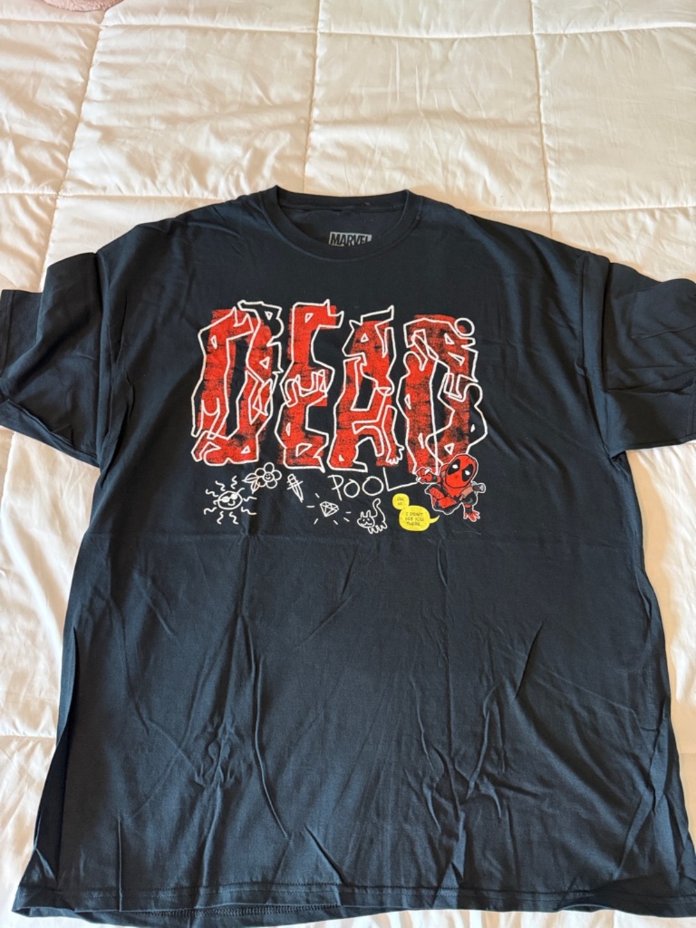 Marvel Black Short-Sleeve Tee with Red Deadpool Graphic and Yellow Accent